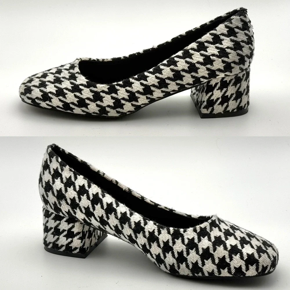 Comfortview Marisol Houndstooth Block Heel Pumps Black White Square Toe Shoes 9M